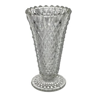 Vintage Indiana Glass Diamond Point Footed Trumpet Vase Clear Pressed Glass 8" For Sale