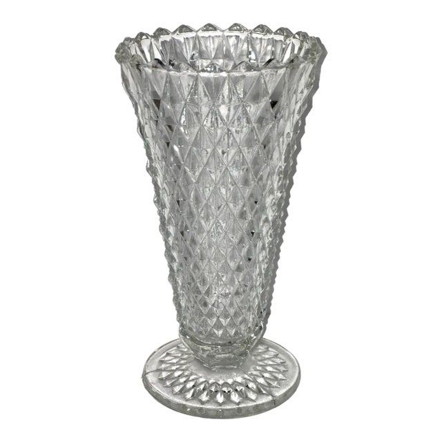Vintage Indiana Glass Diamond Point Footed Trumpet Vase Clear Pressed Glass 8" For Sale