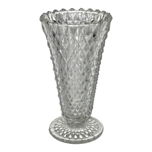 Vintage Indiana Glass Diamond Point Footed Trumpet Vase Clear Pressed Glass 8"