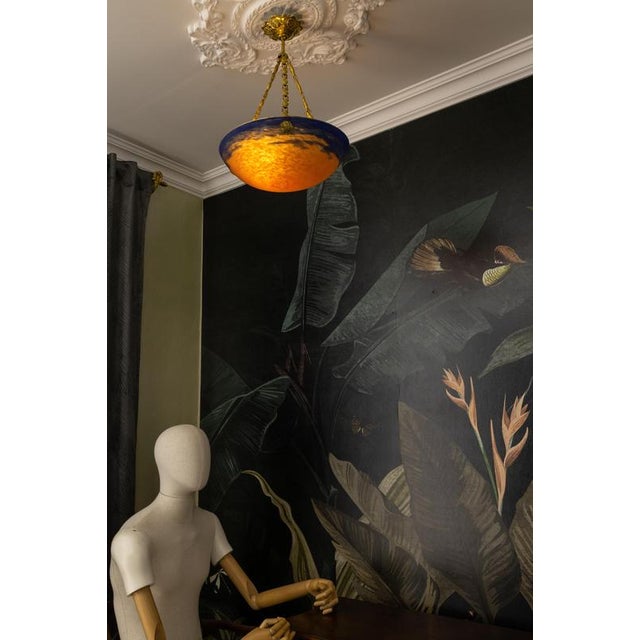 French Art Nouveau Blue & Orange Mottled Glass Pendant Light by G.V. Croismare For Sale - Image 11 of 18