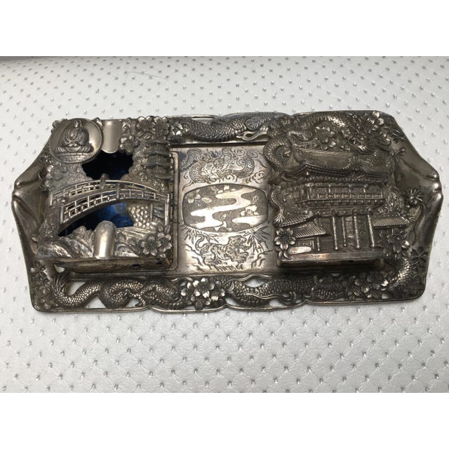 Plated old Japanese cigarette set. Tray 28/15/4 is included and 2 schools. One box has a lid and an ashtray 10/8 / 6.5cm....