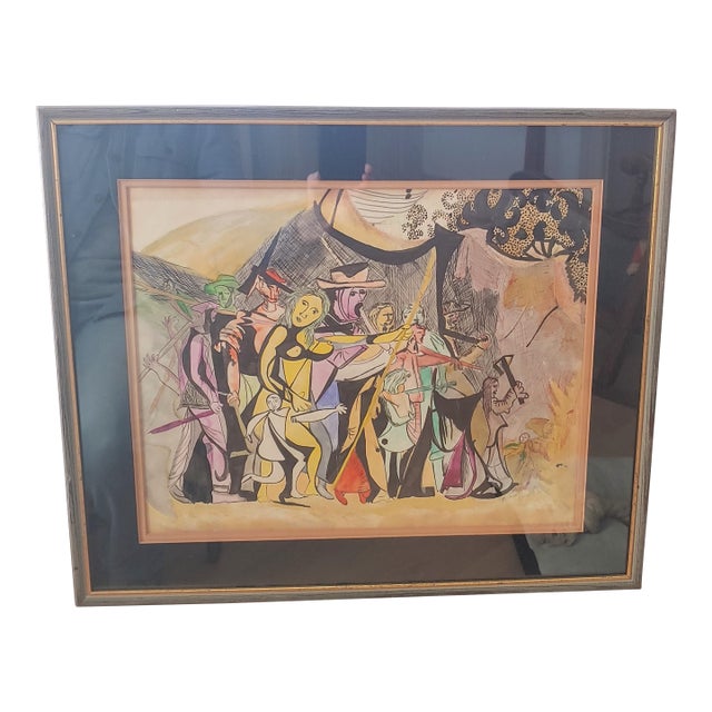 1950s Signed Abstact Mixed Media Painting, Framed For Sale