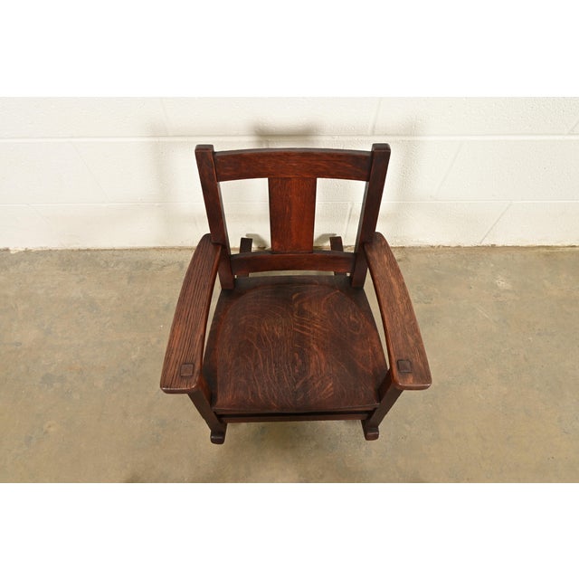 Early 20th Century Limbert Antique Mission Oak Arts & Crafts Child's Rocking Chair, Circa 1910 For Sale - Image 5 of 14