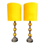 Vintage Gold Glass Ball Slim Tall Gold Velvet Hollywood Regency Drum Shade Table Lamps For Sale