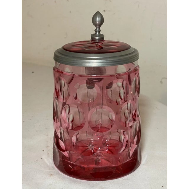 Rare Antique Hand Cut to Clear Ruby Glass Pewter Czech Lidded Beer Stein Mug For Sale In New York - Image 6 of 12