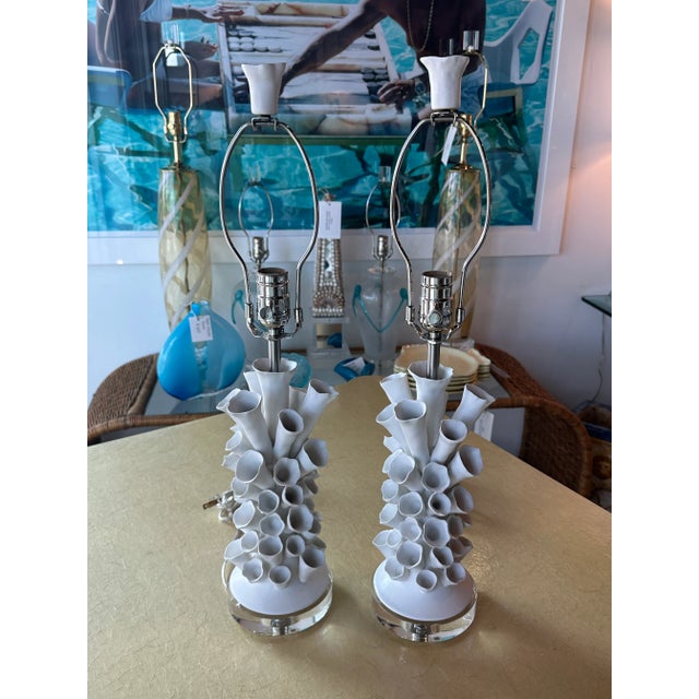 Vintage Pair Porcelain Faux Coral Tubes Table Lamps Lucite Base Newly Wired For Sale - Image 9 of 13