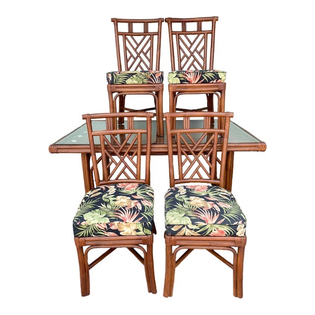 Palm Beach Regency Island Style Rattan Table and Four Chairs - Set of 5 For Sale