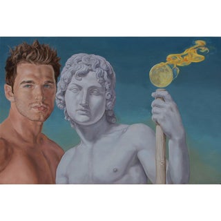 The Oracle of Time by John Tarantola | Oil Painting of a man and a classical statue holding a flame For Sale