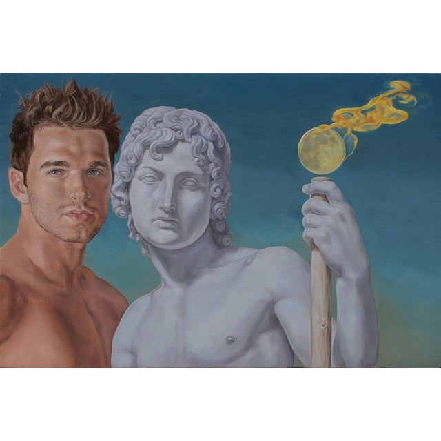 The Oracle of Time by John Tarantola | Oil Painting of a man and a classical statue holding a flame For Sale