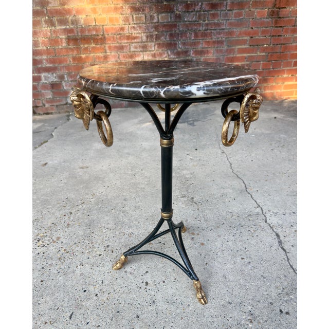 Dorothy Draper Vintage Neoclassical Marble Top Ram's Head Tripod Table by Turtle and Crane - Hollywood Regency Style For Sale - Image 4 of 11