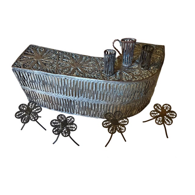 Vintage Silverplated Filigree Miniature Cocktail Bar & Stool Set - 8 Pieces - Daisy Inlay For Sale