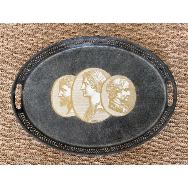 Vintage Italian oval enameled metal tray depicting gold coins with profiles of Roman men. Silver/gray with filigreed...
