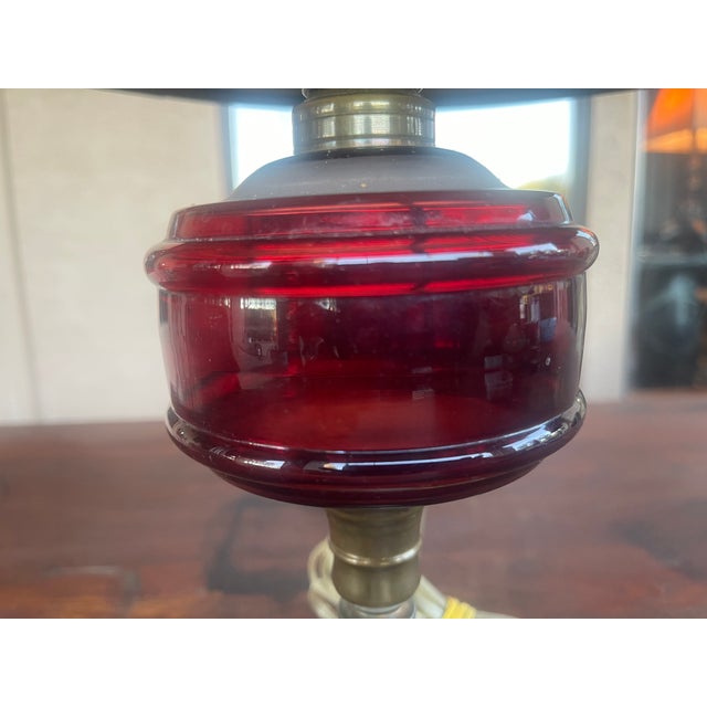 Metal Antique Cranberry Glass Electrified Metal Base Table Lamp For Sale - Image 7 of 8