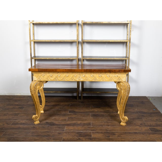 Early 19th Century English 1800s Giltwood Console Table with Mahogany Top and Vitruvian Scrolls For Sale - Image 5 of 12