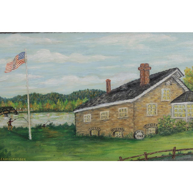 1950s Roy Landenberger Framed Oil on Canvas Painting of Old Stone Mill - Signed For Sale - Image 5 of 14