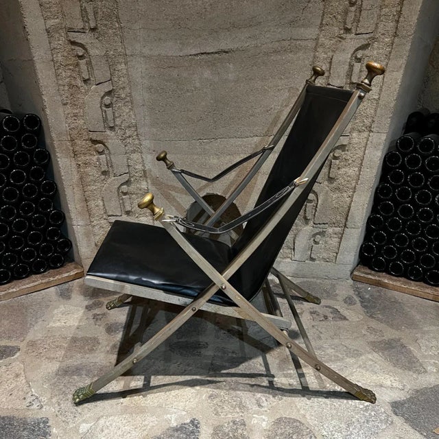 Metal 1970s Maison Jansen Campaign Leather Bronze Lounge Chair France For Sale - Image 7 of 13