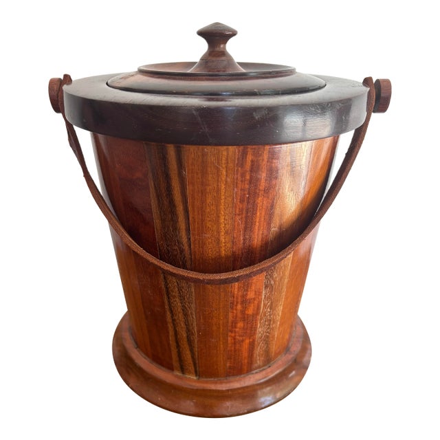 Late 20th Century Bench Made Wooden Ice Bucket With Leather Handle For Sale
