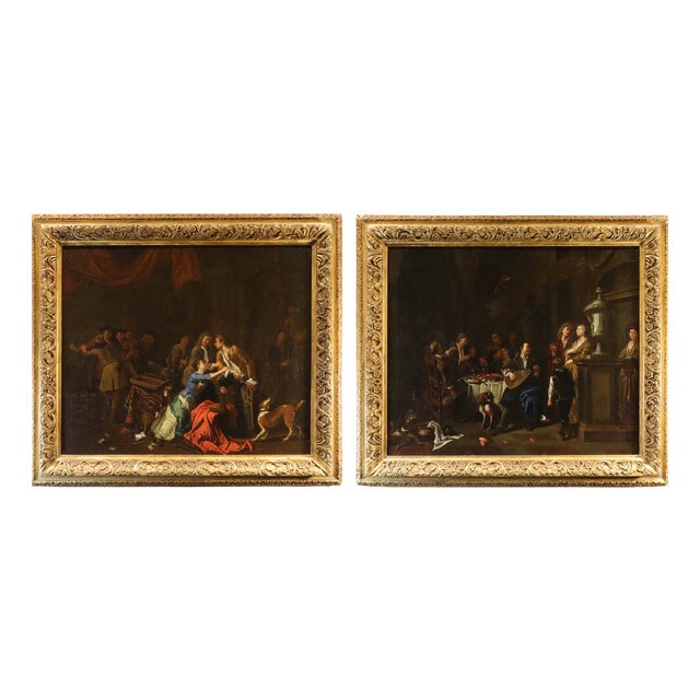 Pieter Angillis, Banquet and Brawl, 1720, Oil on Canvases, Framed, Set of 2 For Sale