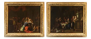 Pieter Angillis, Banquet and Brawl, 1720, Oil on Canvases, Framed, Set of 2
