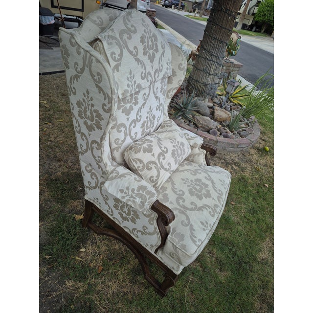 Mid 20th Century Traditional Queen Anne-Style High-Back Upholstered Wingback Armchair For Sale - Image 4 of 17