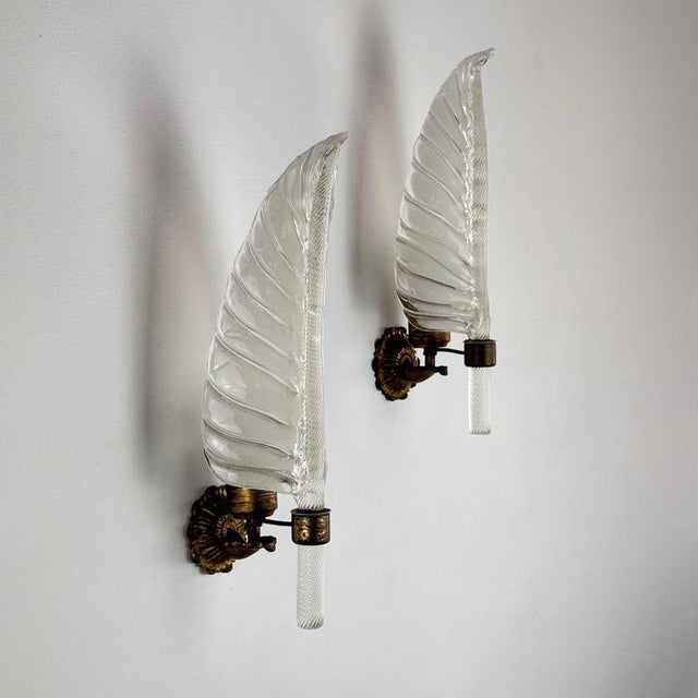 Feather Murano Glass Wall Sconces attributed to Tomaso Buzzi for Venini, 1930s, Set of 2 For Sale - Image 3 of 18