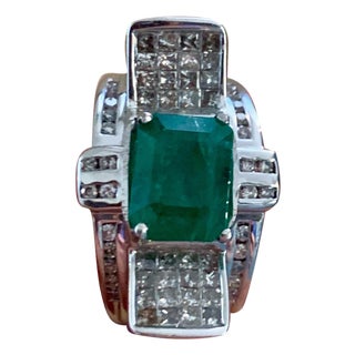 4 Carat Emerald Cut Natural Emerald & 1 Ct Diamond 14 Karat Gold Cocktail Ring For Sale