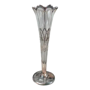 Art Nouveau Large American Sterling Silver Overlay Clear Glass Trumpet Vase