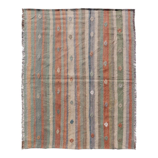 Mid 20th Century Colorful Vintage Turkish Flat-Weave Kilim Rug With Geometric Striped Design For Sale