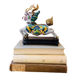 Vintage Chinese Cloisonné Qilin Figure on Stand | Colorful Mythical Beast Sculpture | Chinoiserie Decor For Sale