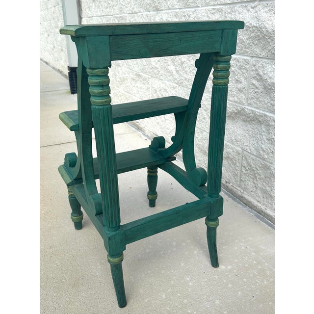 Tuscany Italian Country Carved &amp; Distressed Green Painted Wood 3-Step Library Ladder An exceptionally charming 20th-...