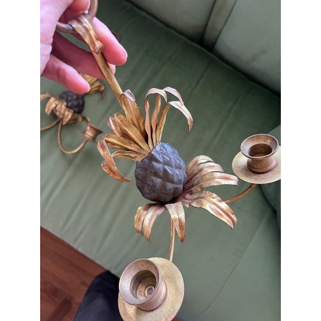 Vintage Toile Pineapple Candle Sconces - A Pair For Sale - Image 4 of 6