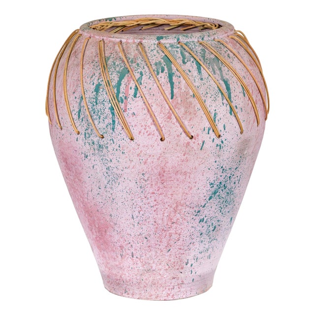 Hand-Crafted American Artists Collection Pink Pastel Vase with Weaving For Sale