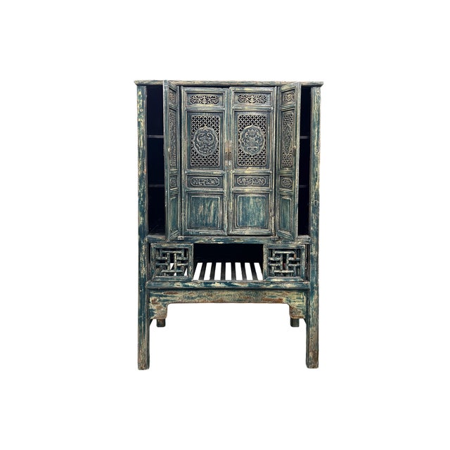 Vintage Distressed Teal Blue Oriental Carving Storage Cabinet For Sale - Image 12 of 12