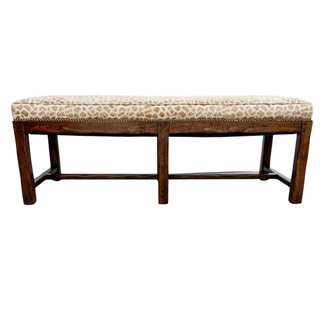 Spanish Revival Late 20th Century Large Spanish Revival Style Bench in Antelope Print With Nailhead Trim For Sale - Image 3 of 12