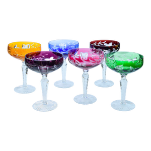 Mid 20th Century Handblown Colorful Cut-to-Clear Crystal Coupes- S/6