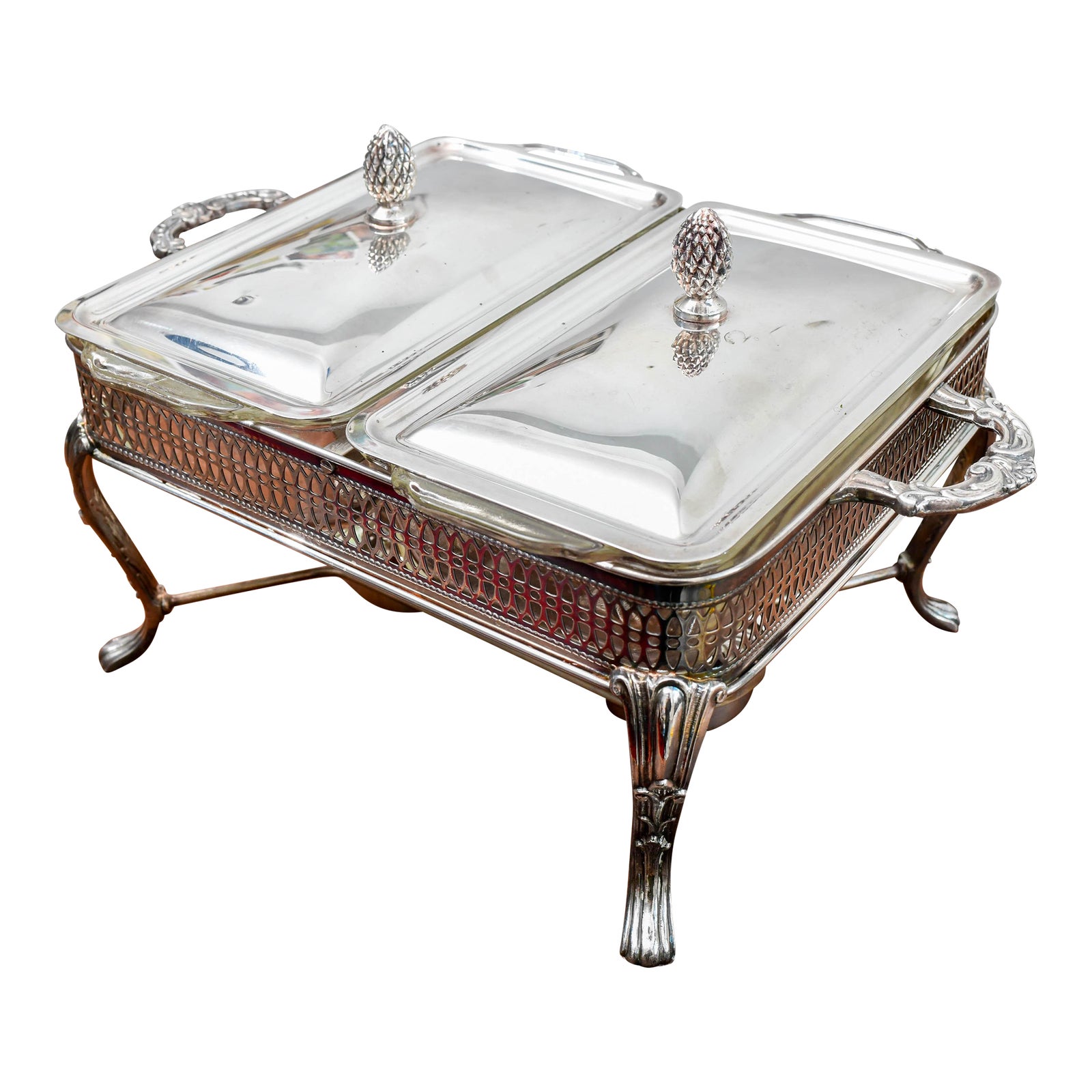 Mid Century Sheffield Silverplate Double Chafing Dish Covered Casserole