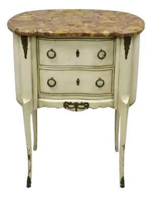 Antique French Louis XV Style Marble Top White Painted Bombe Nightstand Table