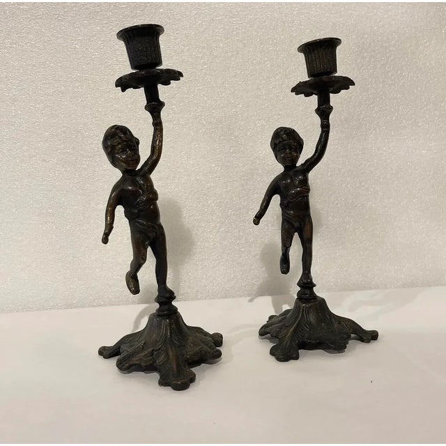 Metal Austrian Bronze Cherub Candlesticks - A Pair For Sale - Image 7 of 7