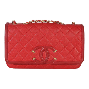 Red Quilted Caviar Medium Filigree Flap Handbag