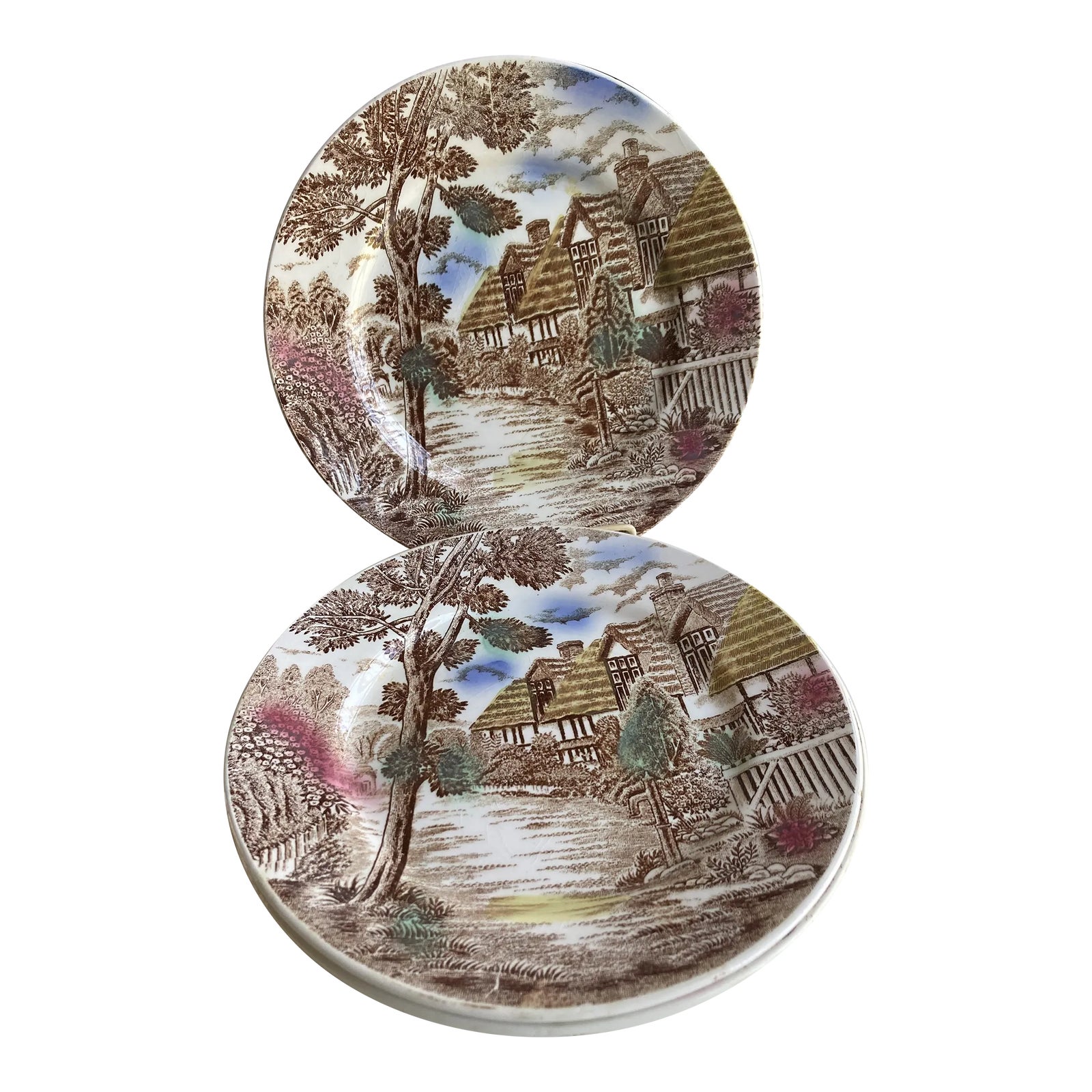 Antique Brown Transferware Japanese Country Scene Salad Plates