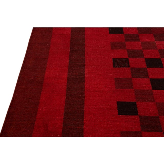 Textile Modern Kilim Flatweave Chess Pattern Red Wool Rug For Sale - Image 7 of 11