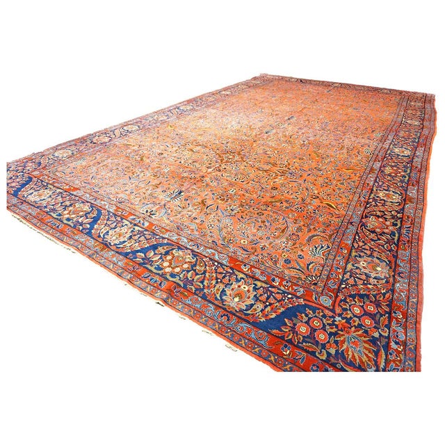Antique Persian Manchester Kashan Wool 10X17 Salmon, Rust & Navy Handmade Area Rug #1141003 For Sale - Image 10 of 12