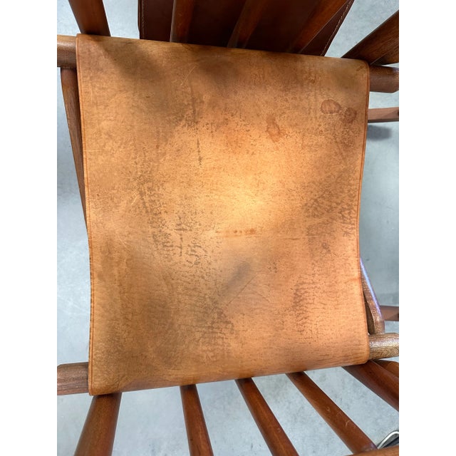 Mid 20th Century Campaign Style Teak Brown Leather Folding Rocker Rocking Chair For Sale - Image 10 of 12