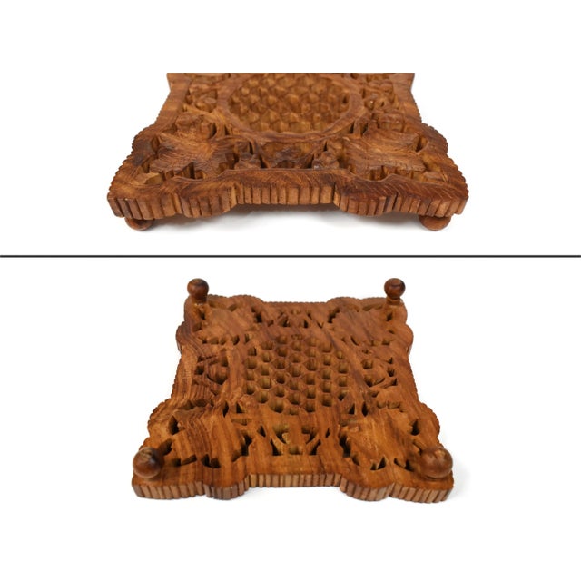 Late 20th Century Hand Carved Floral Design Wooden Inlaid Brass Footed Trivets - 3 Pieces For Sale - Image 9 of 11