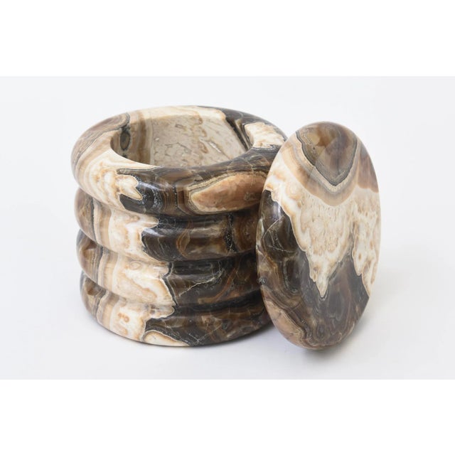 Italian Vintage Swirled Alabaster Lidded Round Box Brown, Cream, Tan, Black, Dark Gray 60's For Sale - Image 4 of 10