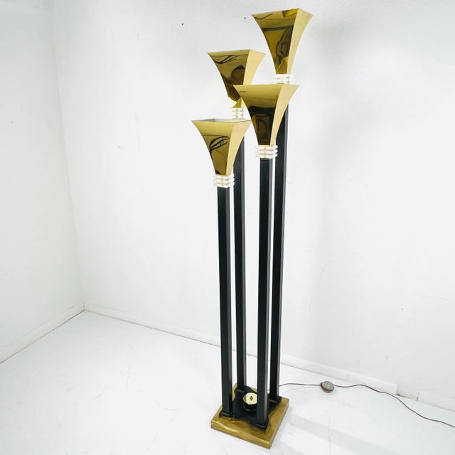 Art Deco 1980s Four Light Brass & Lucite Torchiere Floor Lamp For Sale - Image 3 of 12