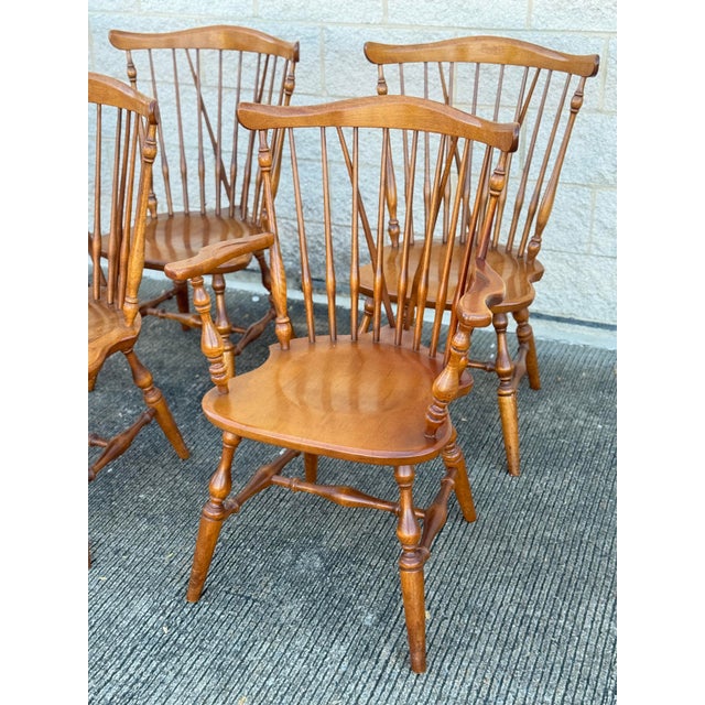 Late 20th Century Set of Six Windsor Style Oak Dining Chairs With Armrests and Turned Legs For Sale - Image 4 of 9