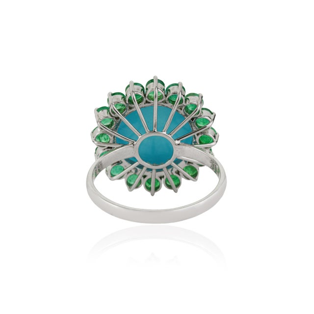 Asian Antique 6.13ct Cabochon Turquoise & Emerald Halo Cocktail Ring in 14k White Gold Size 8 For Sale - Image 3 of 18