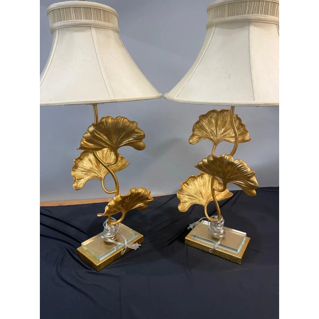 Late 20th Century Pair of Gilt Bronze Ginkgo Leaf Table Lamps With Shades For Sale - Image 10 of 13