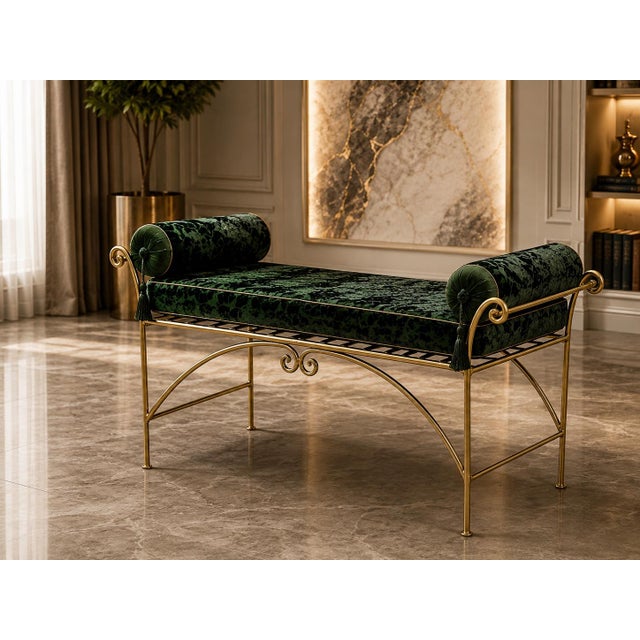 Vintage Hollywood Regency-Style Emerald Green Velvet and Gold-Tone Metal Bench For Sale - Image 4 of 7